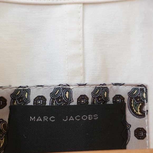MARC JACOBS White Cropped Jean Jacket Womens Small Denim Puffed Belted Utility - Picture 2 of 14